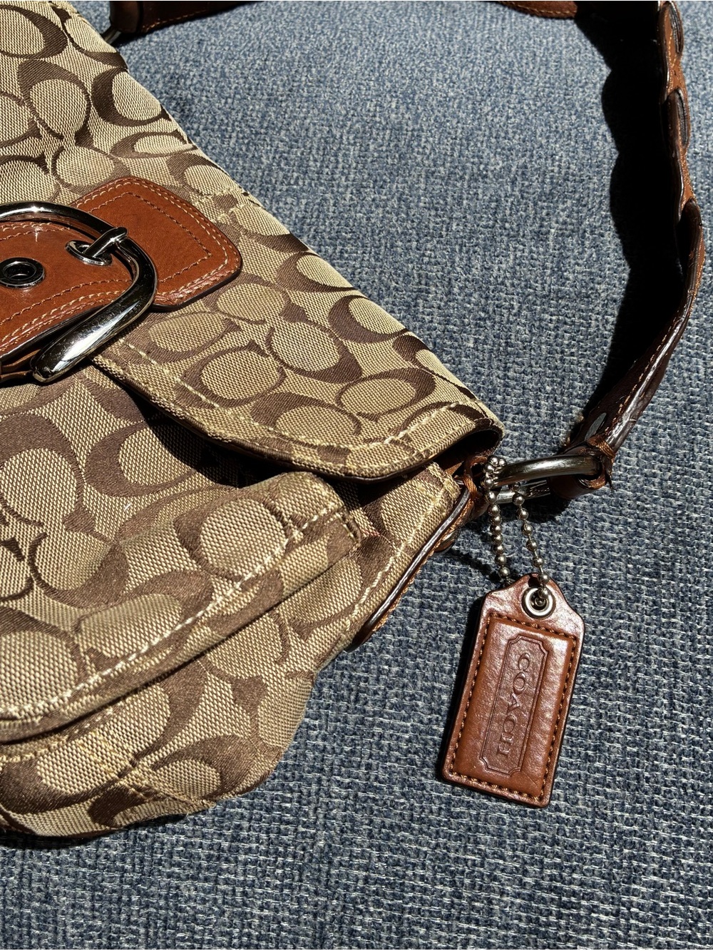 Coach Brown and Tan Signature Canvas Shoulder Bag with Leather Trim